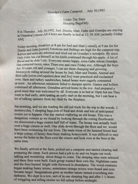 Grandpa’s Farm Campout, typed page